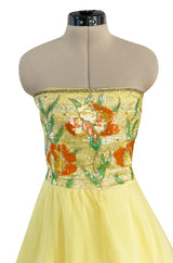 Spring 1977 Jean Louis Scherrer Haute Couture Strapless Floral Sequin Silk Dress w Matching Silk Cape