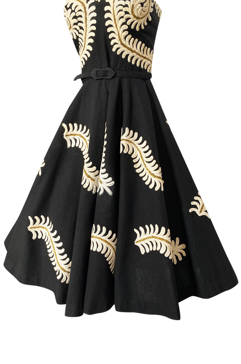 1950s Heavy Cotton / Canvas Strapless Dress  w Hand Applied Cord Applique
