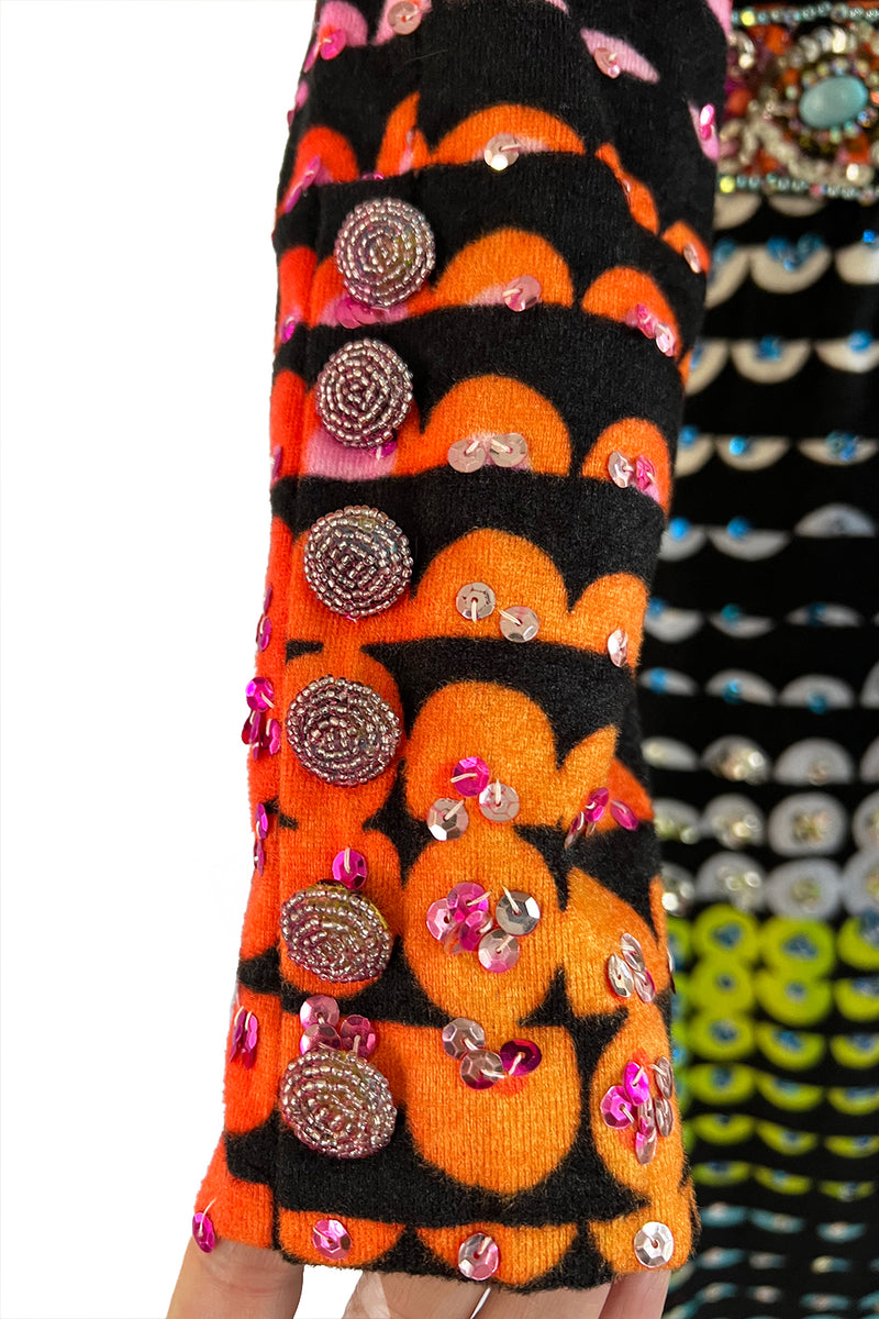 Amazing 1970s Unlabeled Valentina Inc. Rainbow Colored Elaborate Sequin & Bead Detailed Dress