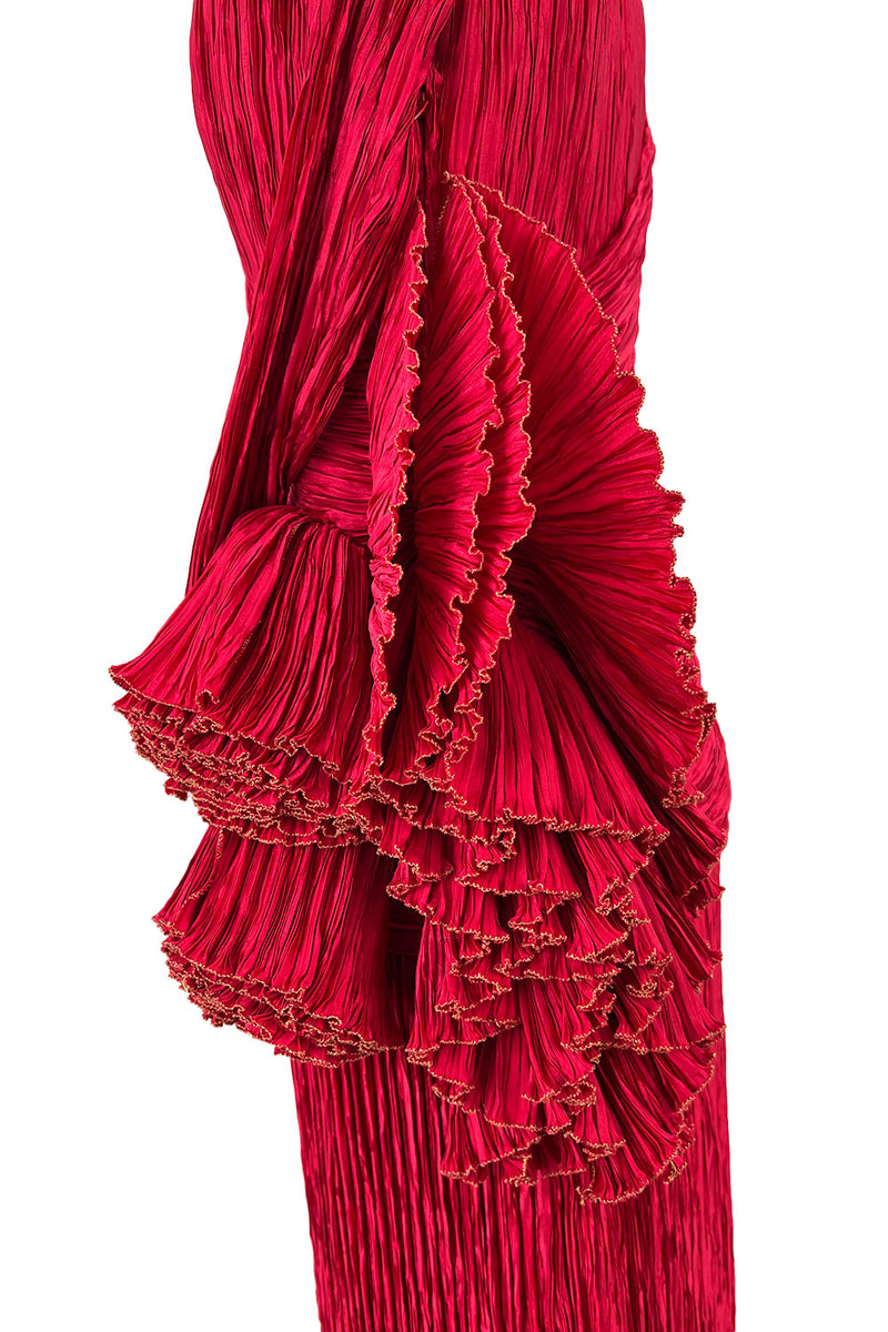 Runway Fall 1988 Mary McFadden Couture Red Pleated Dress w Gold Edged Ruffle Detailing