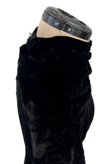 Stunning 1930s Black Silk Velvet Bias Cut Dress w Top Stitched Sleeves & Silver Glitter Buttons