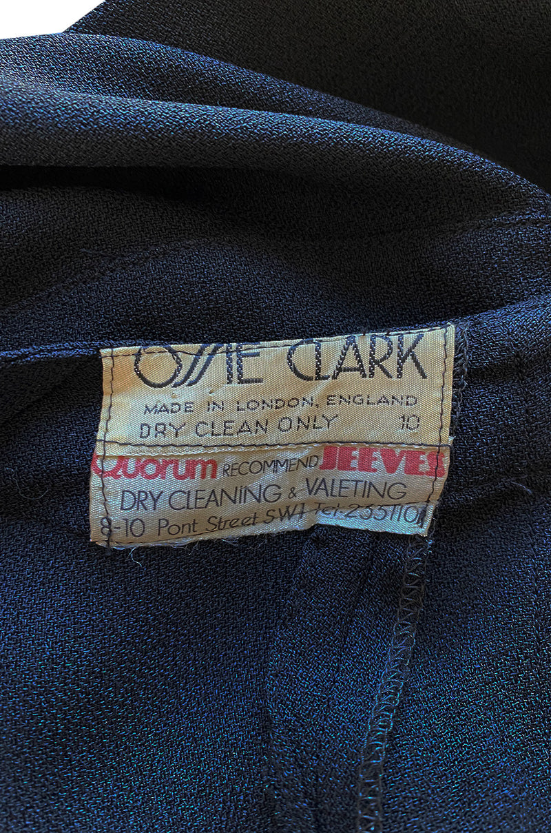 Iconic 1972 Ossie Clark Couture Black Moss Crepe Open Back Wrapped Dress w Bishop Sleeves