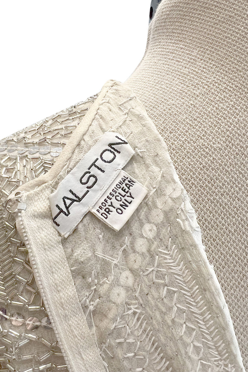 Iconic Spring 1981 Halston Fully Hand Beaded & Sequinned Silver & Ivory Silk Chiffon Dress