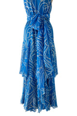 Extraordinary Fall 1979 Christian Dior by Marc Bohan Blue Silk Dress w Metallic Gold & Silver Detail