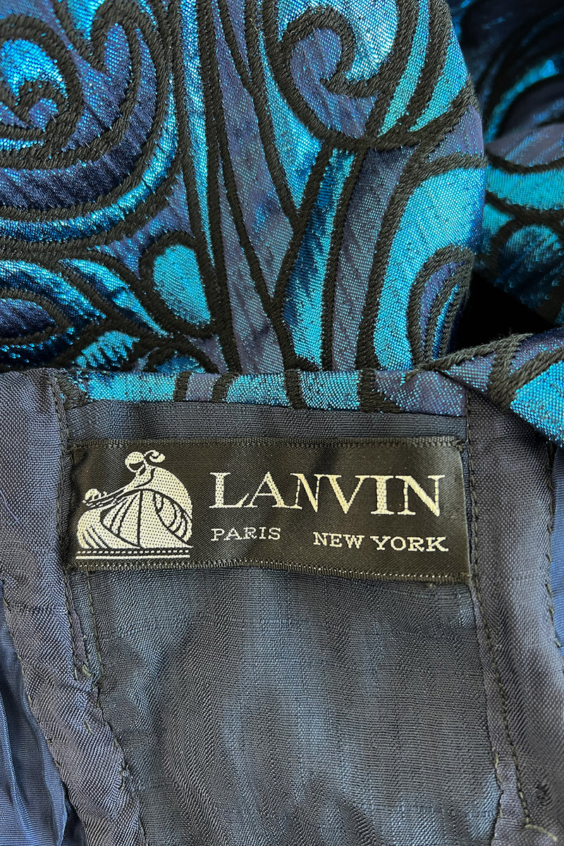 Late 1960s Lanvin by Jules-Francois Crahay Blue Metallic Silk Dress w Bow Detailing