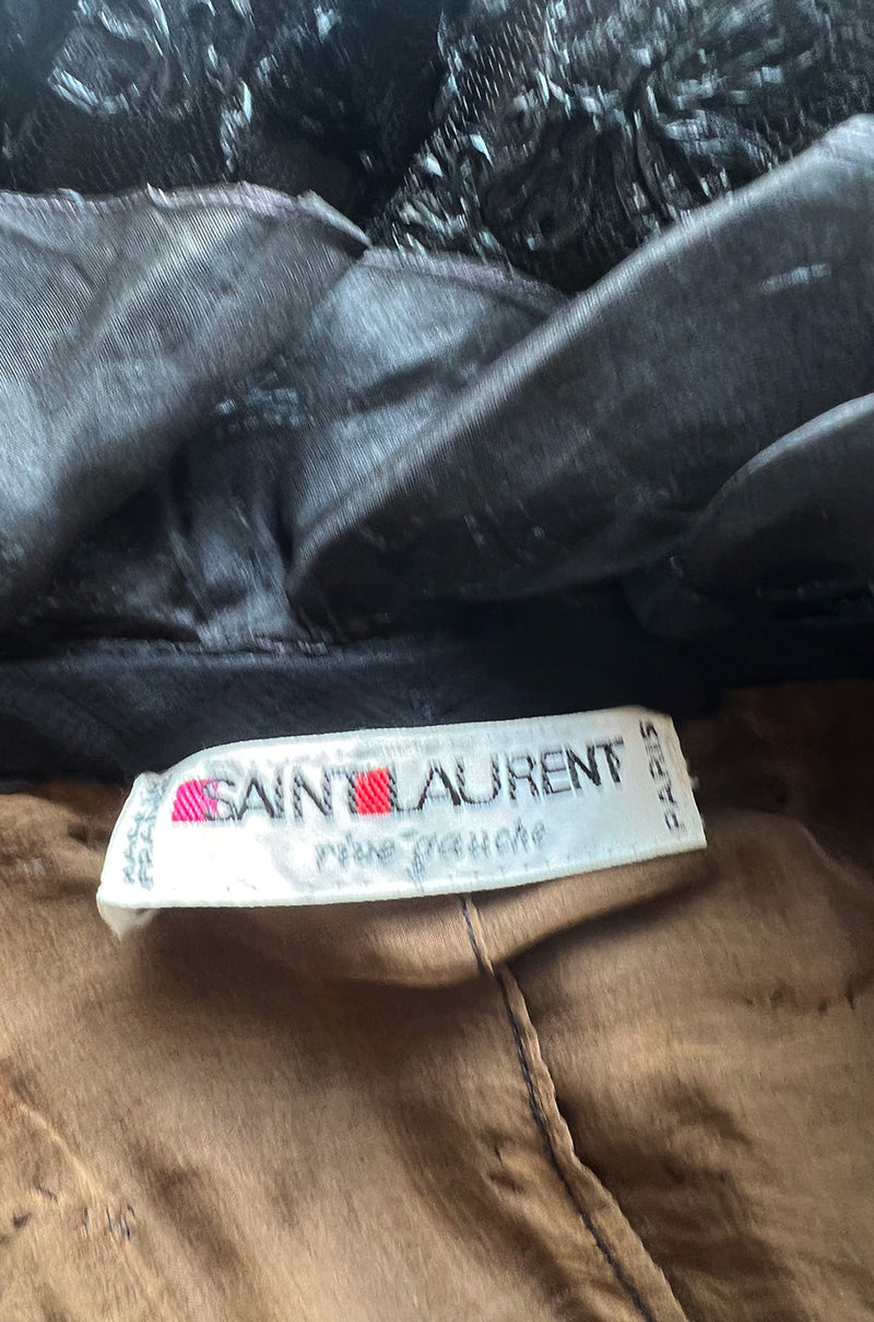 Spring 1987 Yves Saint Laurent Runway Black Net & Raffia High Low Dress w Ruffle Detail