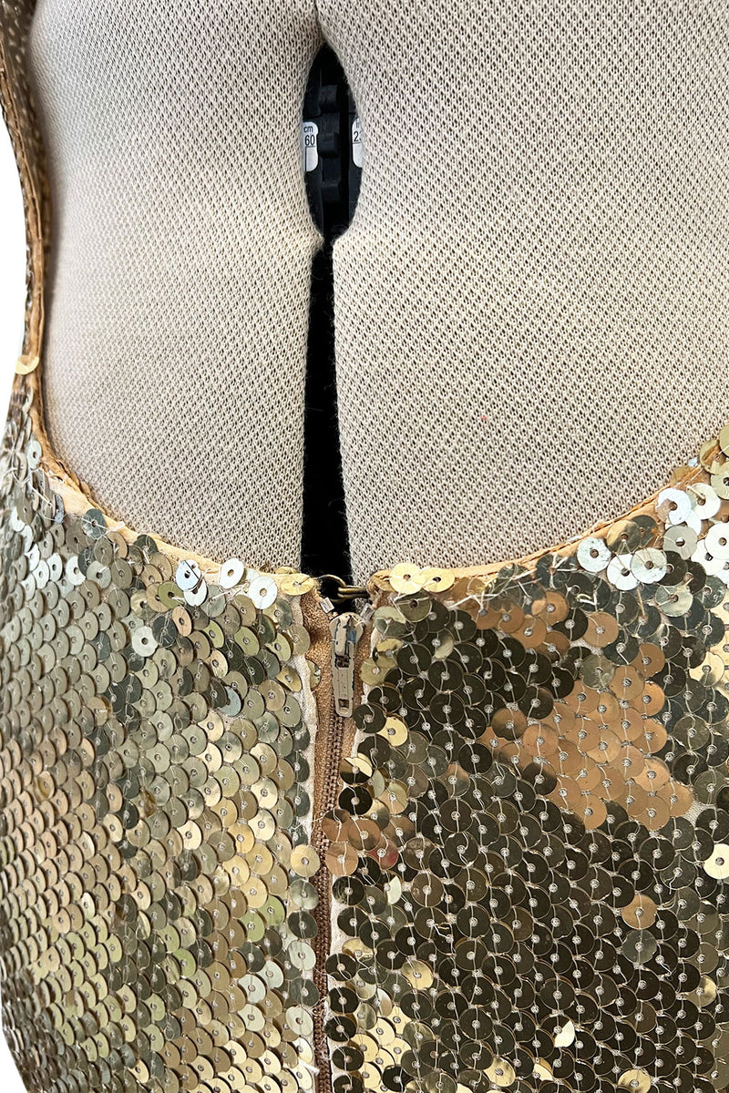Rare Spring 1973 Loris Azzaro Ad Campaign Documented Gold Metallic Sequin Backless Halter Dress