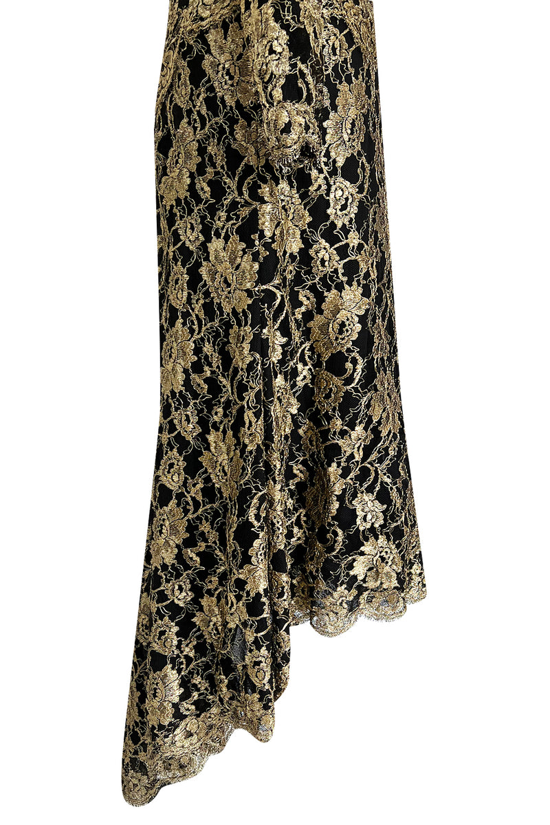Exceptional Fall 1986 Chanel by Karl Lagerfeld Runway Metallic Gold Thread on Black Silk Net Dress