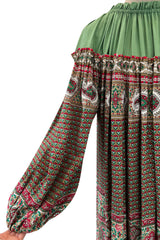 Gorgeous 1970s Lanvin Couture Printed Gathered Silk Caftan Dress w Balloon Sleeves & Felt Hem
