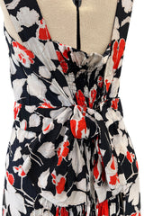 Stunning 1930s Coral, Black & Pale Grey Floral Silk Print Bias Cut Backless Dress