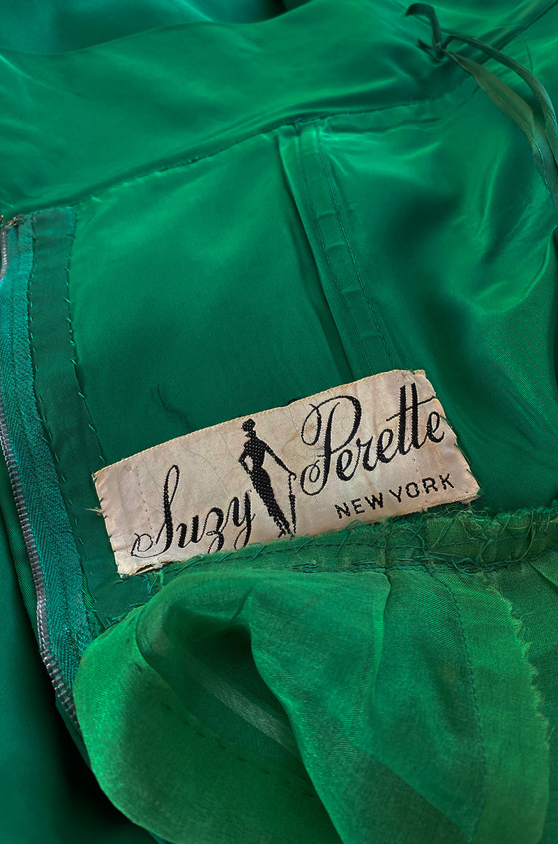 1950s Suzy Perette Emerald Green Strapless Full Skirted Dress w 3D Flower Detailing