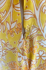 1960s Unusual Wrapped & Tie Printed Yellow Jumpsuit w Full Length Caped Back