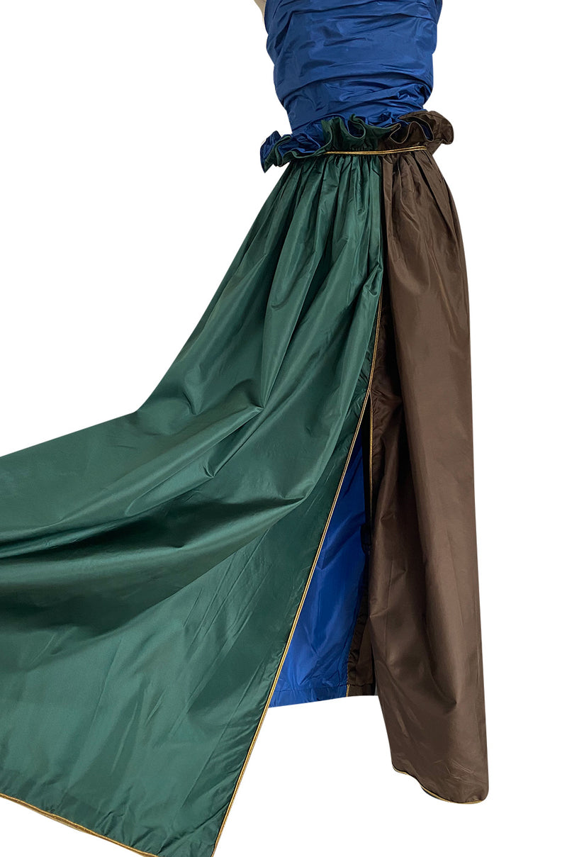 Dreamy 1970s James Galanos Blue Brown & Green Silk Dress w Ruffled Waist & Metallic Gold Trim