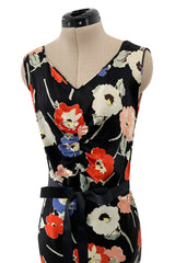 Beautiful 1930s Bias Cut Heavy Silk Satin Floral Print Dress w Scalloped Edged Jacket