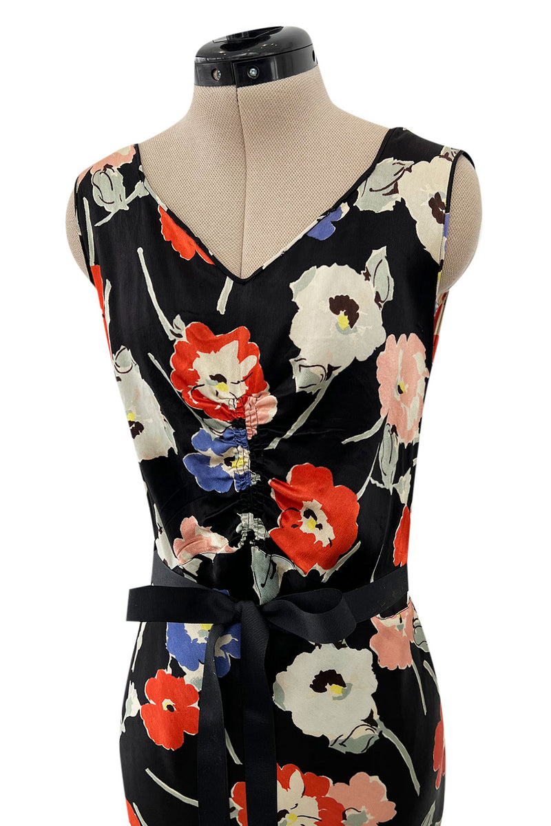 Beautiful 1930s Bias Cut Heavy Silk Satin Floral Print Dress w Scalloped Edged Jacket