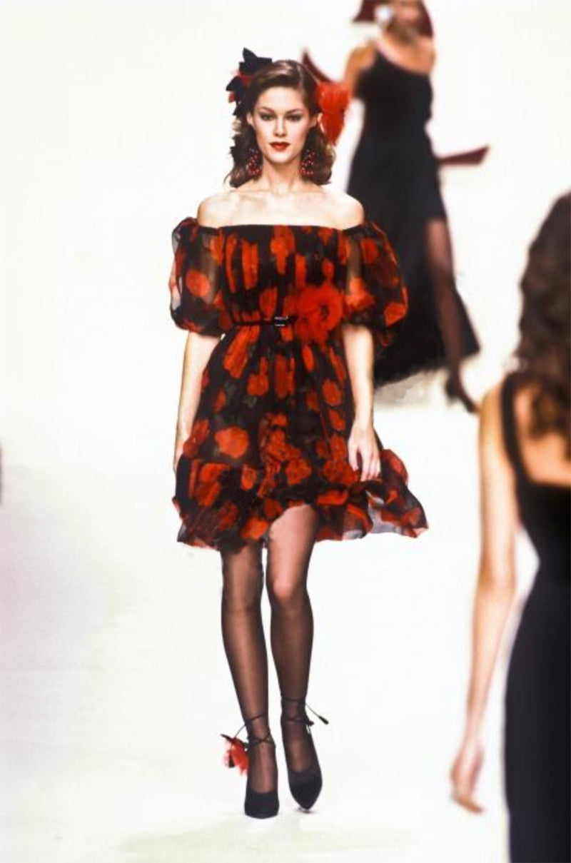 Documented Fall 1994 Yves Saint Laurent Silk Chiffon Off Shoulder Dress w Bold Red Rose Print