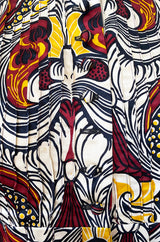 1972 Jean Muir Abstract Printed Silk Satin Dress w Pin Tuck Detailed Bodice