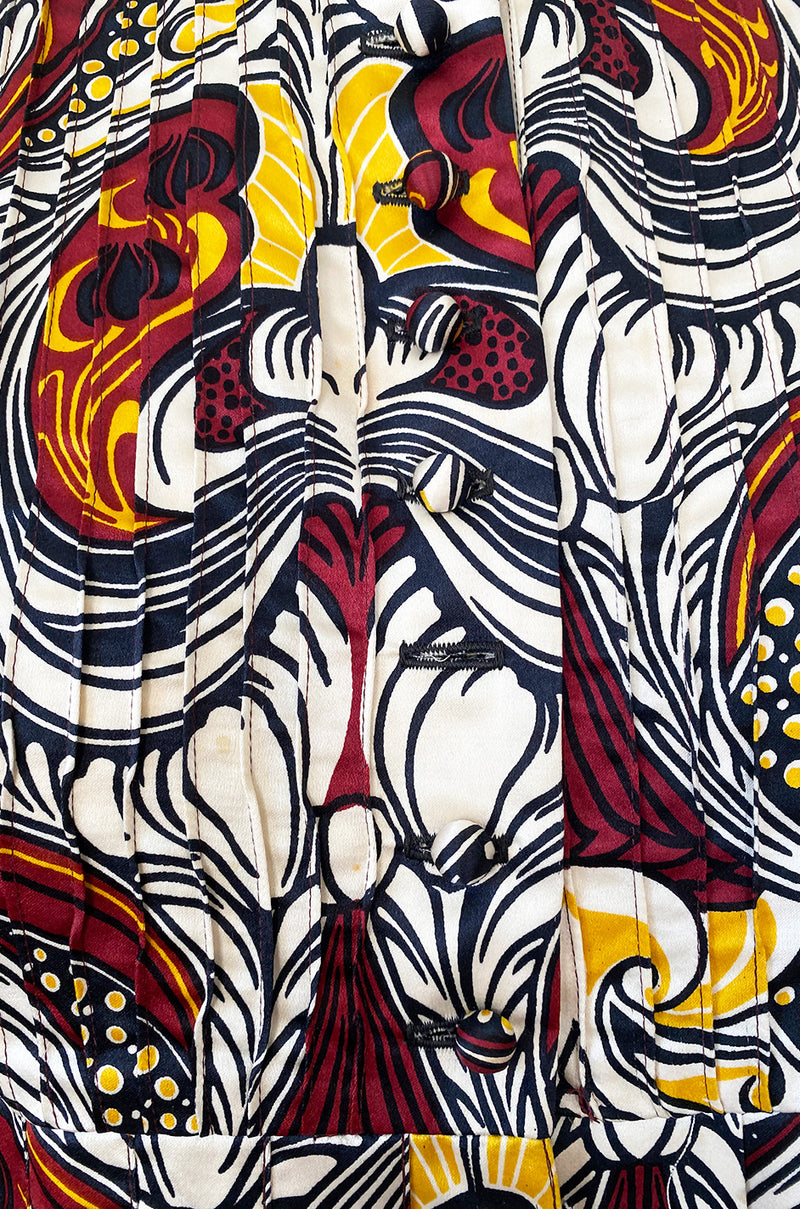 1972 Jean Muir Abstract Printed Silk Satin Dress w Pin Tuck Detailed Bodice