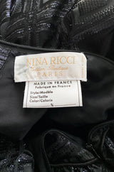 Early 1980s Nina Ricci Black Silk Metallic Lame Full Skirted Low Back Dress