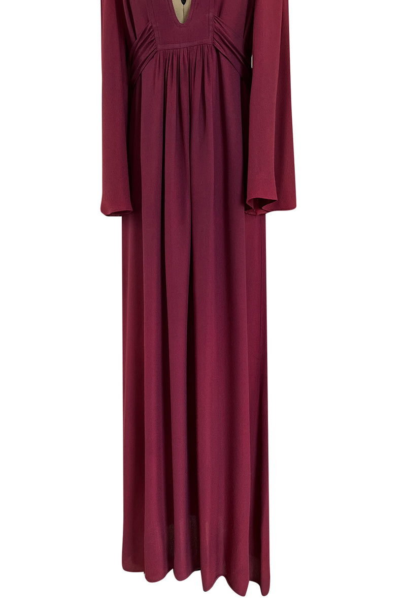 1970 Ossie Clark 'Graduation' Front Plunge Dress in a Burgundy Moss Crepe