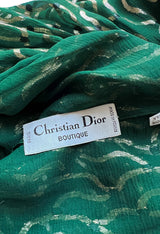 Extraordinary 1970s Christian Dior by Marc Bohan Gold Metallic Green Silk Chiffon Dress w Rope Belt