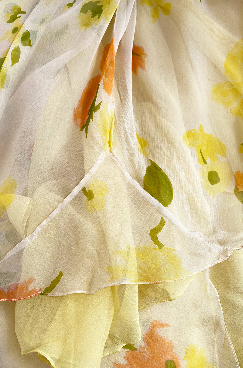1961 Ferdinando Sarmi Strapless Yellow Floral Print Silk Chiffon Dress w Front Bow Detail