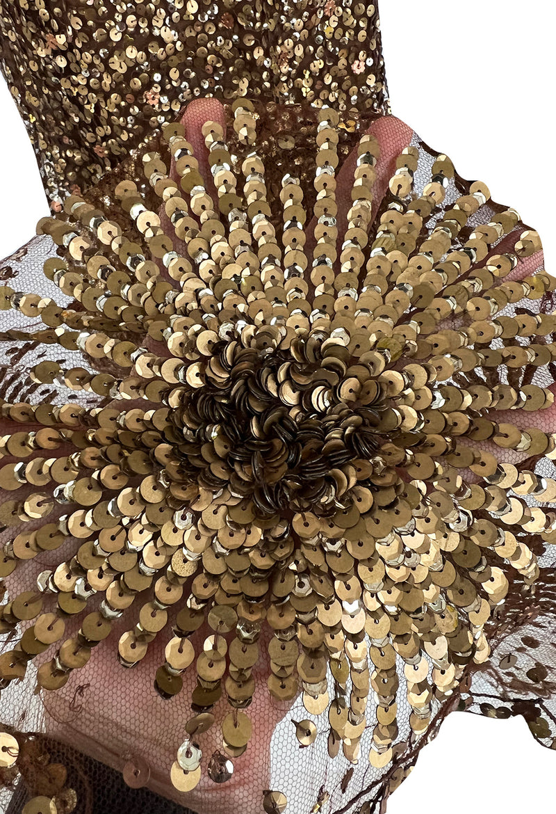Fall 2002 Valentino Plunged Silk Net Chiffon Dress Completely Covered in Copper Sequins