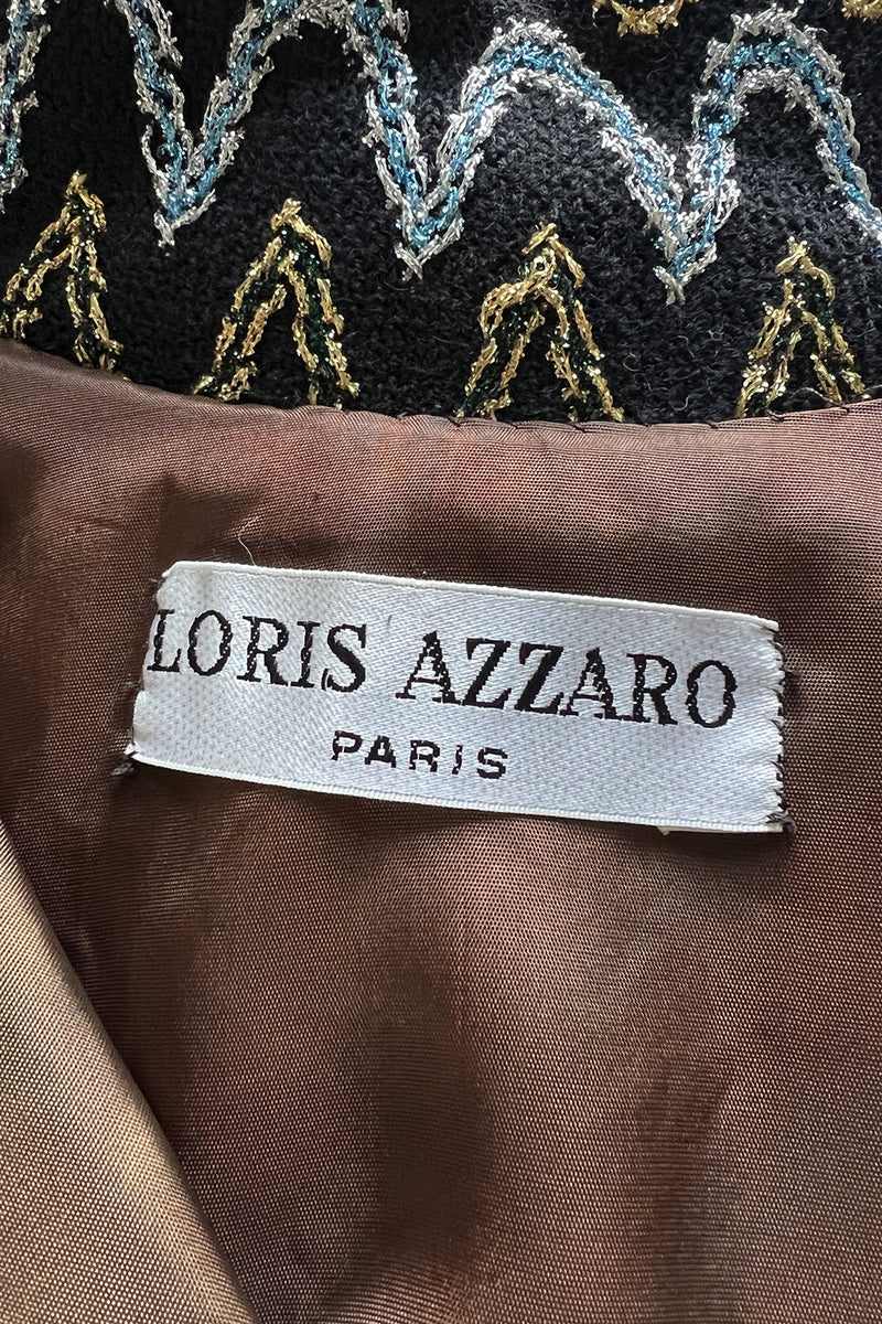 Incredible 1970s Loris Azzaro Metallic Silver & Gold Black On Black Knit Dress