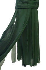 Spectacular Late 1970s Galanos Moss Green Silk Chiffon Car Wash Hem Dress w Draped Shoulder Panel