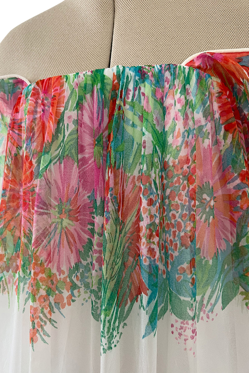 Prettiest 1970s Victor Costa Off Shoulder Floral Print Chiffon Caftan Dress