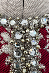 Stunning 1970s Adele Simpson Red & Gold Brocade Dress w Rhinestone Detailing