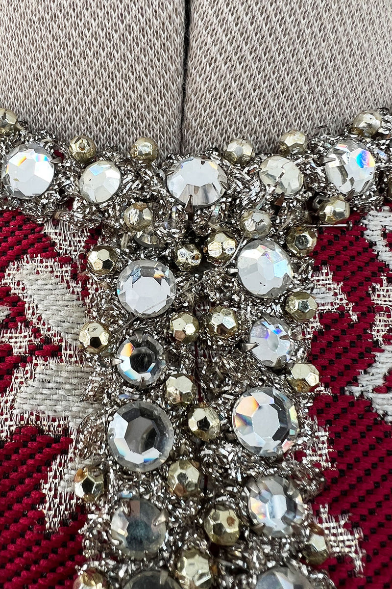 Stunning 1970s Adele Simpson Red & Gold Brocade Dress w Rhinestone Detailing