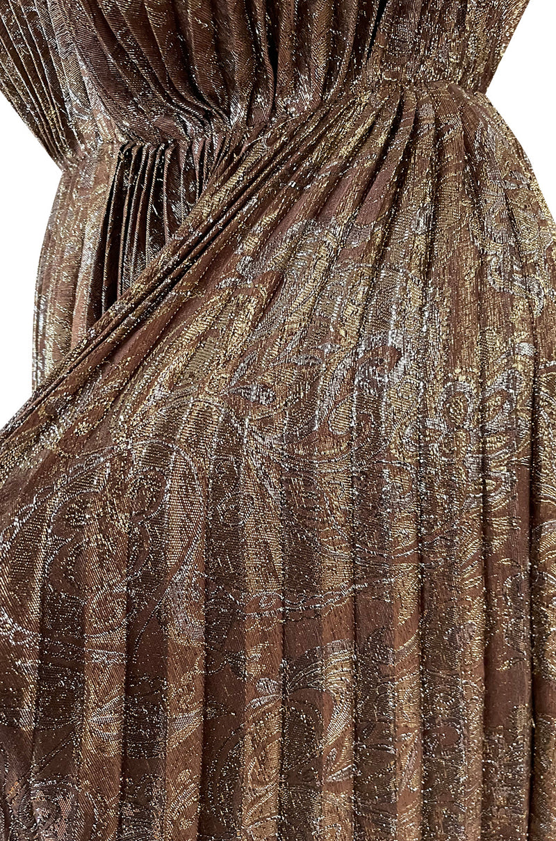 Incredible Spring 1977 Jean Patou by Angelo Tarlazzi Plunging Bronze Silk Lame Metallic Pleat Dress