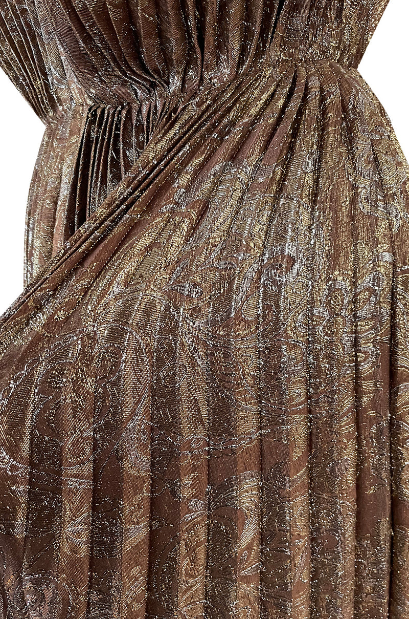 Incredible Spring 1977 Jean Patou by Angelo Tarlazzi Plunging Bronze Silk Lame Metallic Pleat Dress