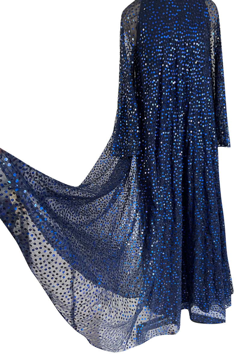 Incredible 1970-1972 Mollie Parnis Blue Sequin on Silk Chiffon Caftan Dress w Wide Sleeves