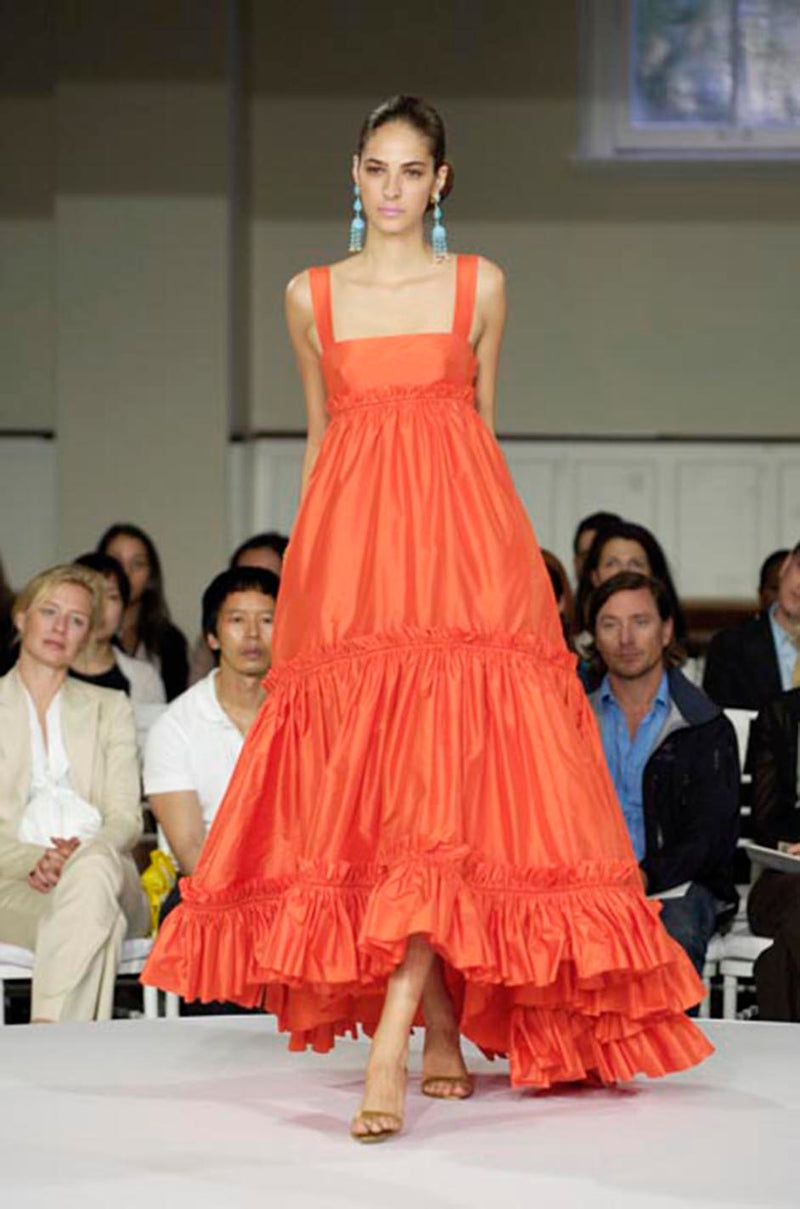Resort 2008 Oscar de la Renta Look 56 Bright Coral Silk Full & Open Tiered Runway Dress