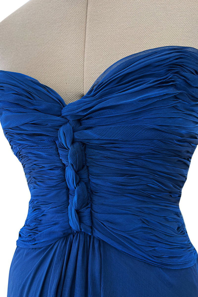 Spring 1990 Oscar De La Renta Deep Sapphire Blue Silk Chiffon Strapless Dress