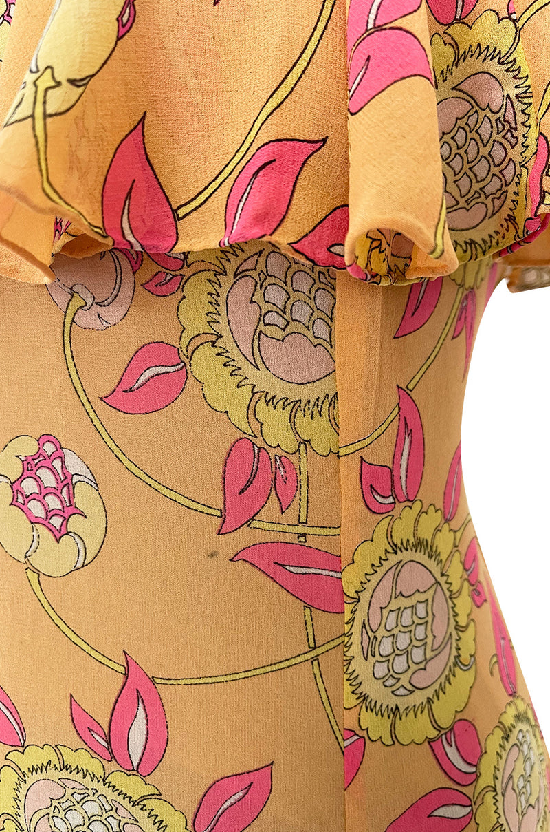 Prettiest 1960s Emilio Pucci Pink & Yellow Print on Peach Silk Chiffon Ruffled Off Shoulder Dress