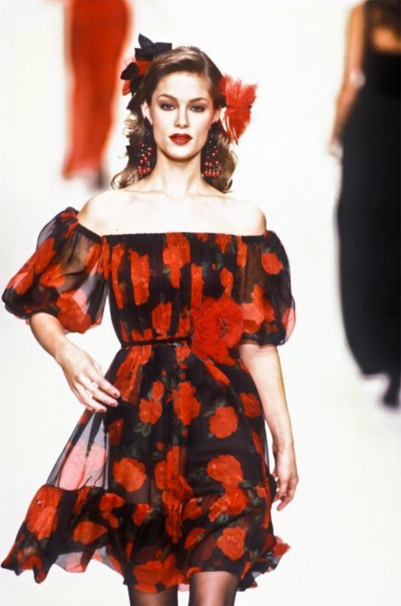 Documented Fall 1994 Yves Saint Laurent Silk Chiffon Off Shoulder Dress w Bold Red Rose Print