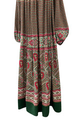 Gorgeous 1970s Lanvin Couture Printed Gathered Silk Caftan Dress w Balloon Sleeves & Felt Hem