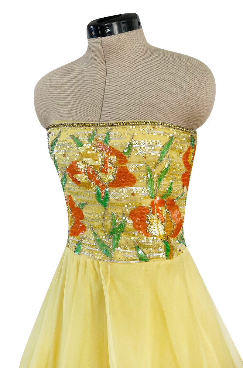 Spring 1977 Jean Louis Scherrer Haute Couture Strapless Floral Sequin Silk Dress w Matching Silk Cape