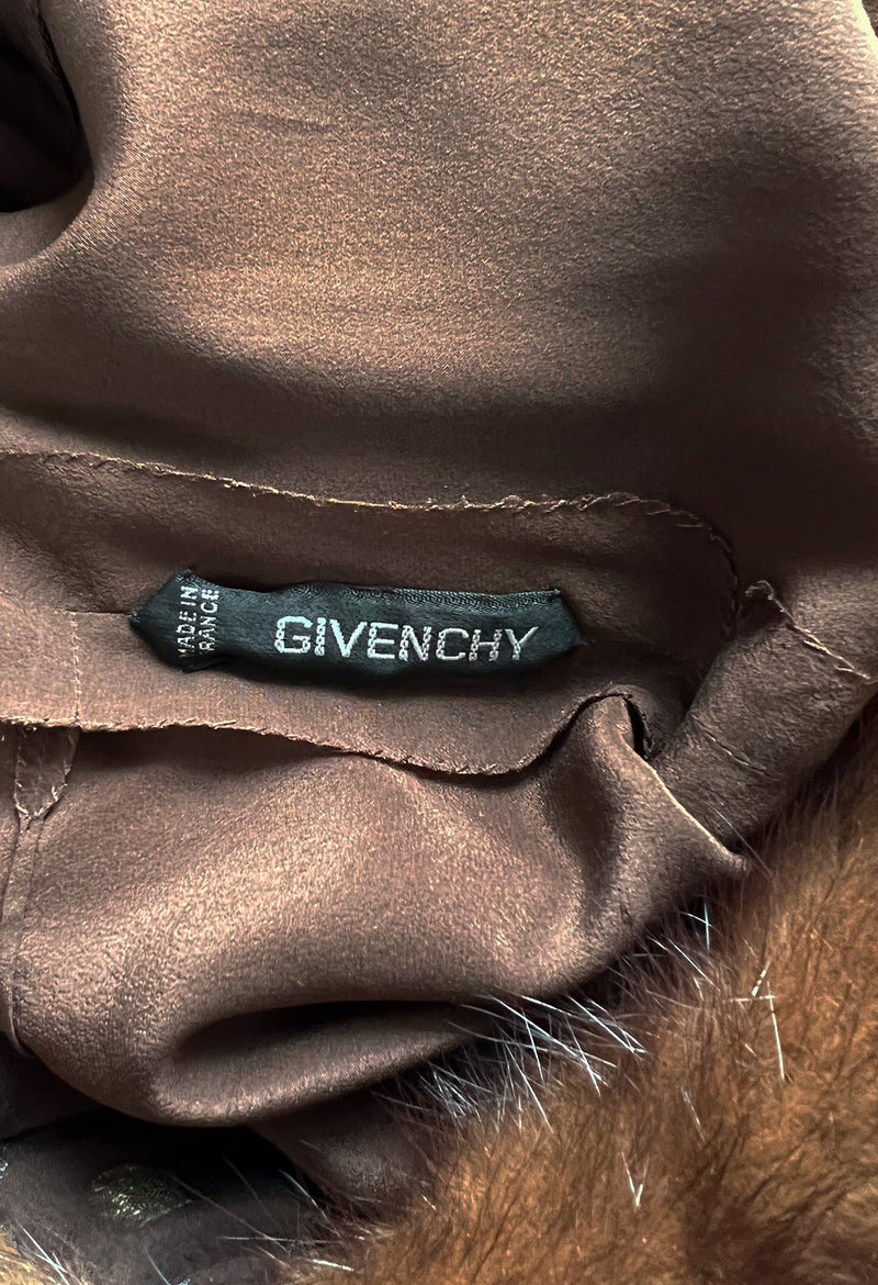 1970s Givenchy by Hubert de Givenchy Haute Couture Gold Metallic Dot on Silk Chiffon Dress w Mink Trim