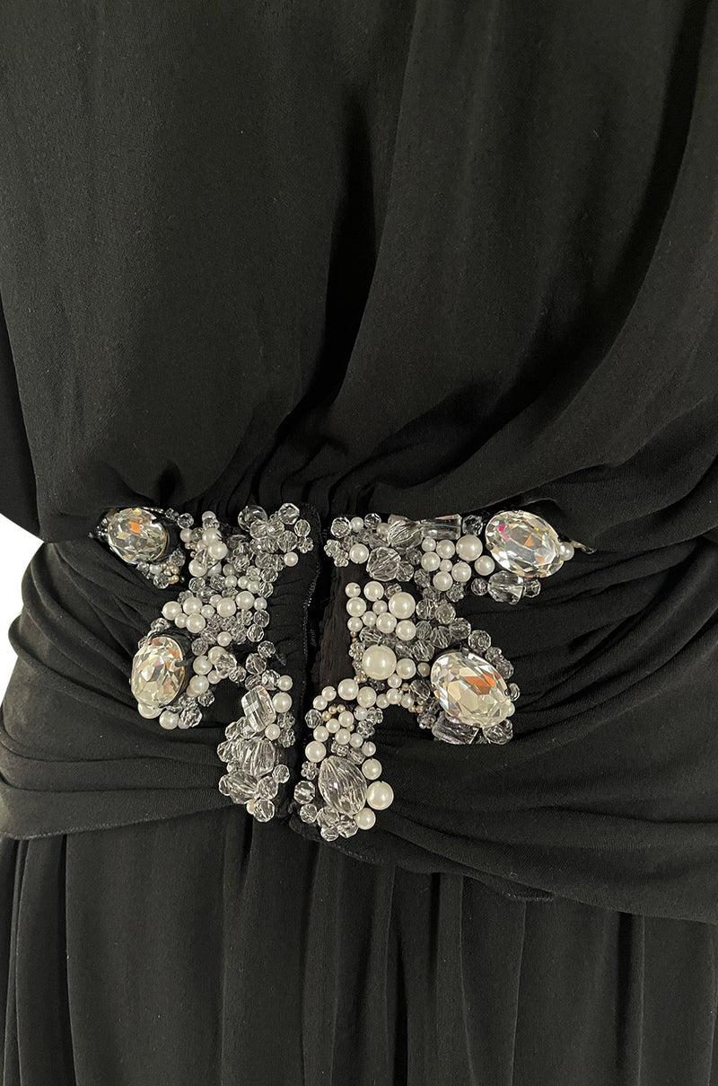 Incredible 1970s Loris Azzaro Black Silk Jersey Dress w Huge Attached Jewel Collar & Jewelled Belt