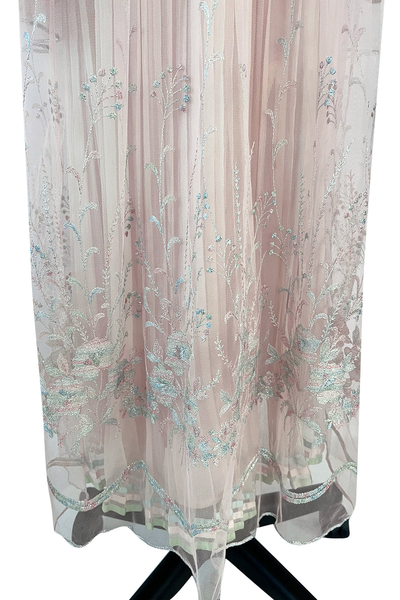 1976 Bill Gibb Couture Pleated Silk Chiffon Skirt w Metallic Thread Embroidered Silk Net Coat