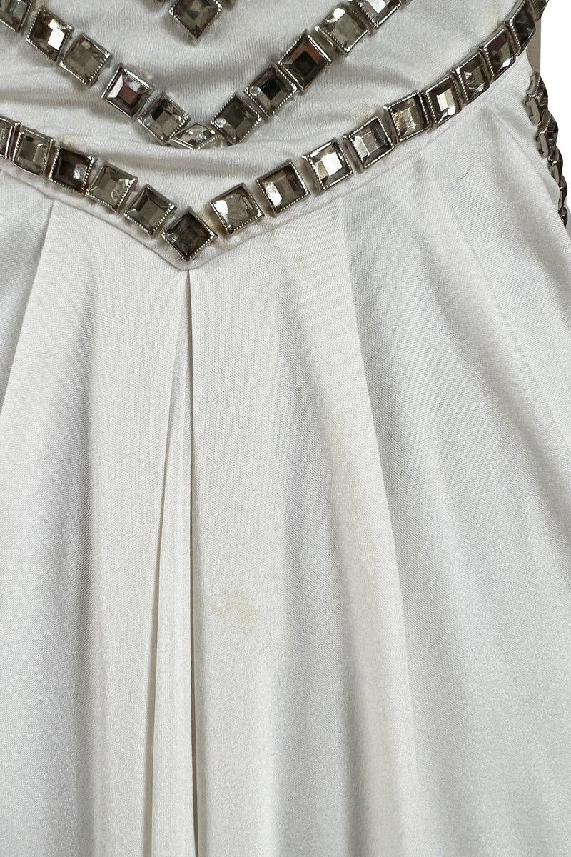 Stellar 1970s Luis Estevez Backless White Jersey Dress w Silver Studded Front