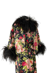 Gorgeous 1950s Fused Chenille Flowers on Silk Dress w Ostrich Feather Trim Jacket