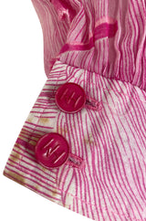 Gorgeous 1970s Hanae Mori Pink Scenic Print Wrap Skirt & Button Down Top Set
