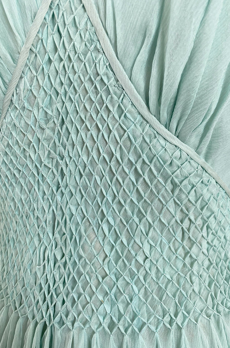 Spring 1976 Chanel Haute Couture Pale Turquoise Silk Chiffon Dress w PinTuck Gathered Front