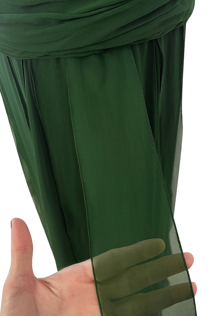 Spectacular Late 1970s Galanos Moss Green Silk Chiffon Car Wash Hem Dress w Draped Shoulder Panel