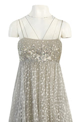 1970s Unlabeled Alfred Bosand Sequin Bodice Dotted Silk Net Dress W Matching Cape Overlay